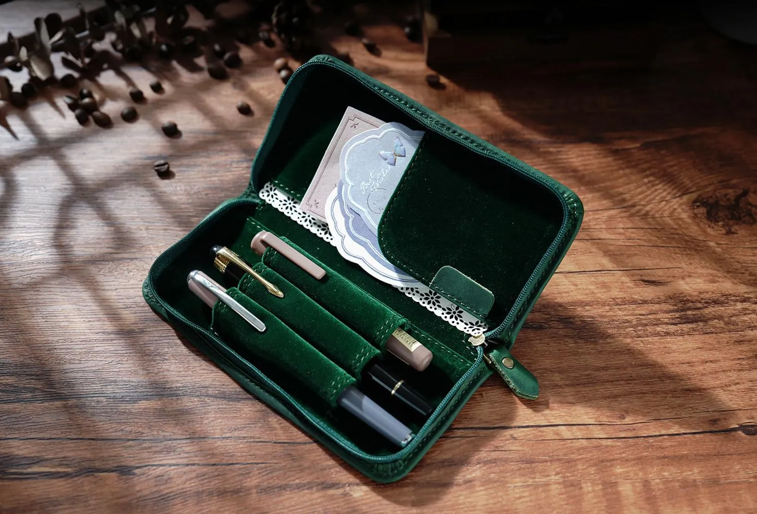 EURYNOME Leather Fountain Pen Holder,Leather Pencil Case Shockproof 3 Divided Slots,Portable Storage Bag for Invoice/Receipt/Cards/Coupon/Tickets