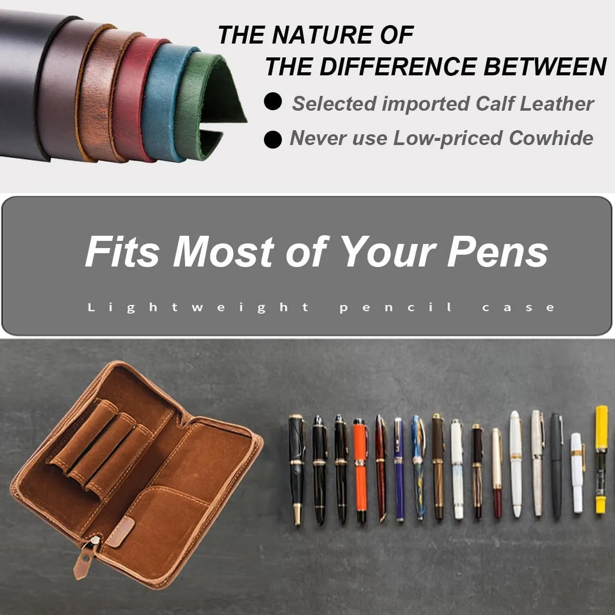EURYNOME Leather Fountain Pen Holder,Leather Pencil Case Shockproof 3 Divided Slots,Portable Storage Bag for Invoice/Receipt/Cards/Coupon/Tickets