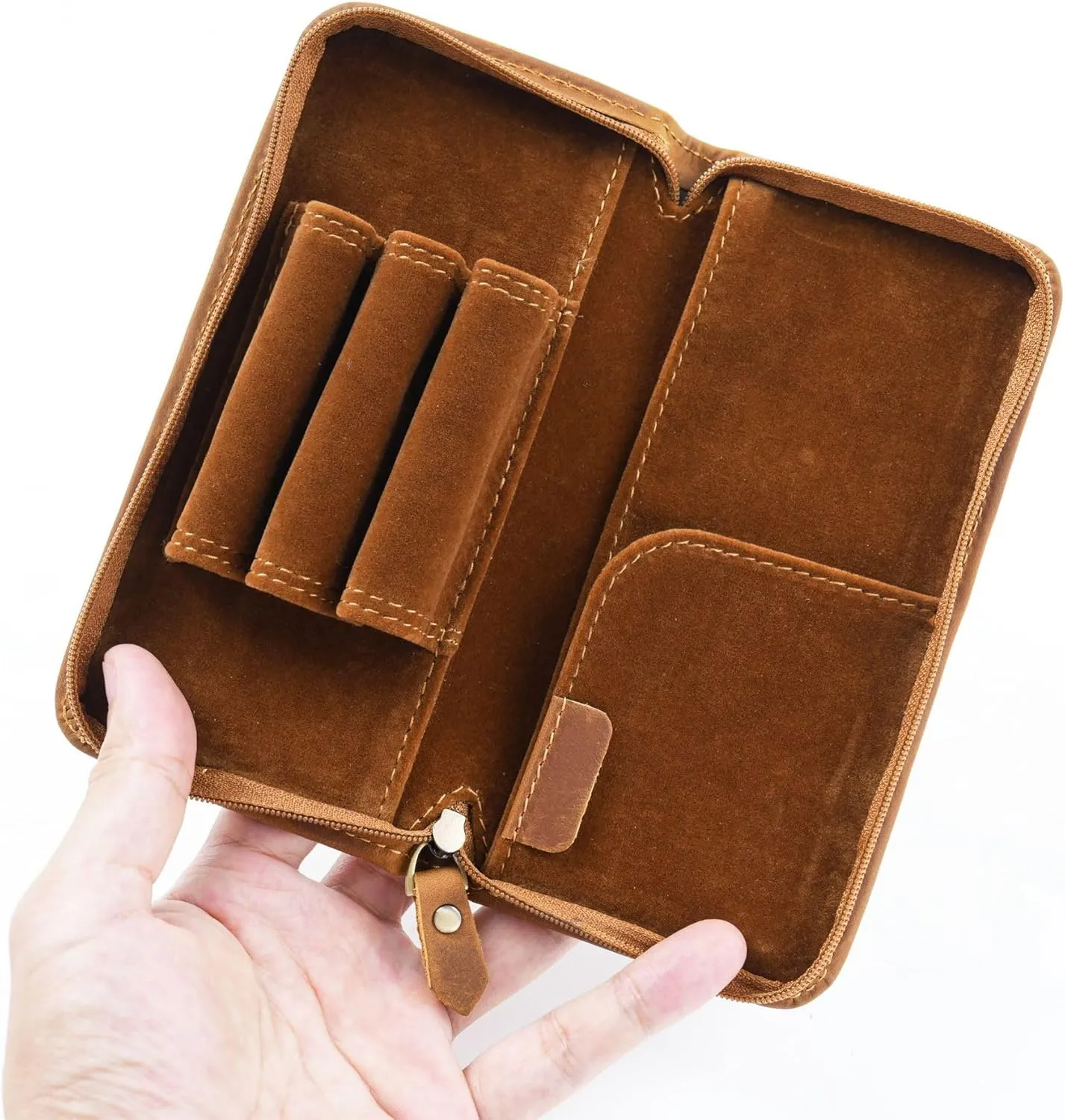 EURYNOME Leather Fountain Pen Holder,Leather Pencil Case Shockproof 3 Divided Slots,Portable Storage Bag for Invoice/Receipt/Cards/Coupon/Tickets