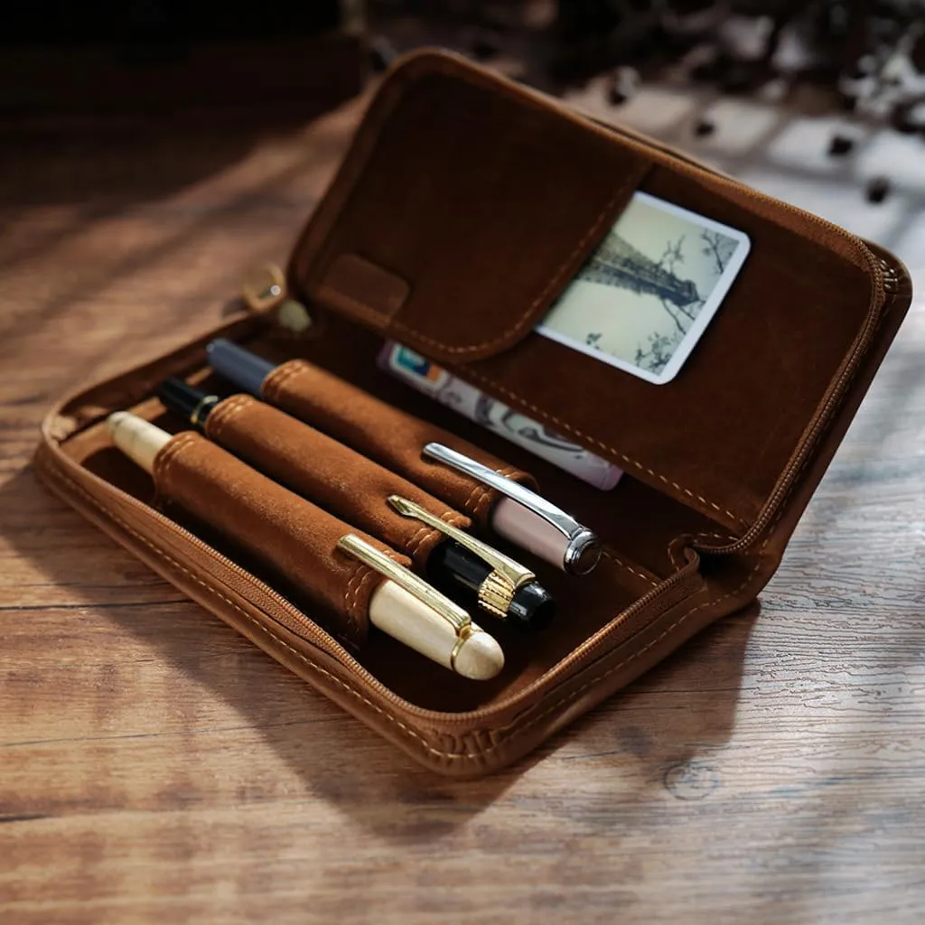 EURYNOME Leather Fountain Pen Holder,Leather Pencil Case Shockproof 3 Divided Slots,Portable Storage Bag for Invoice/Receipt/Cards/Coupon/Tickets