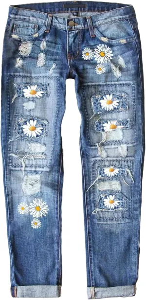 EVALESS Ripped Jeans for Women Plaid Patch Boyfriend Skinny Distressed Denim Jean Pants