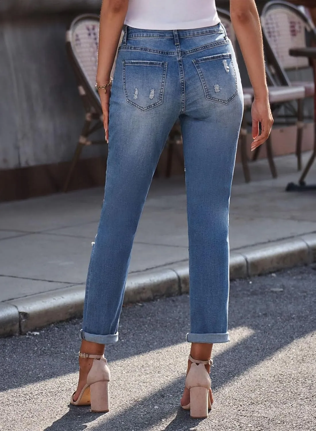 EVALESS Ripped Jeans for Women Plaid Patch Boyfriend Skinny Distressed Denim Jean Pants