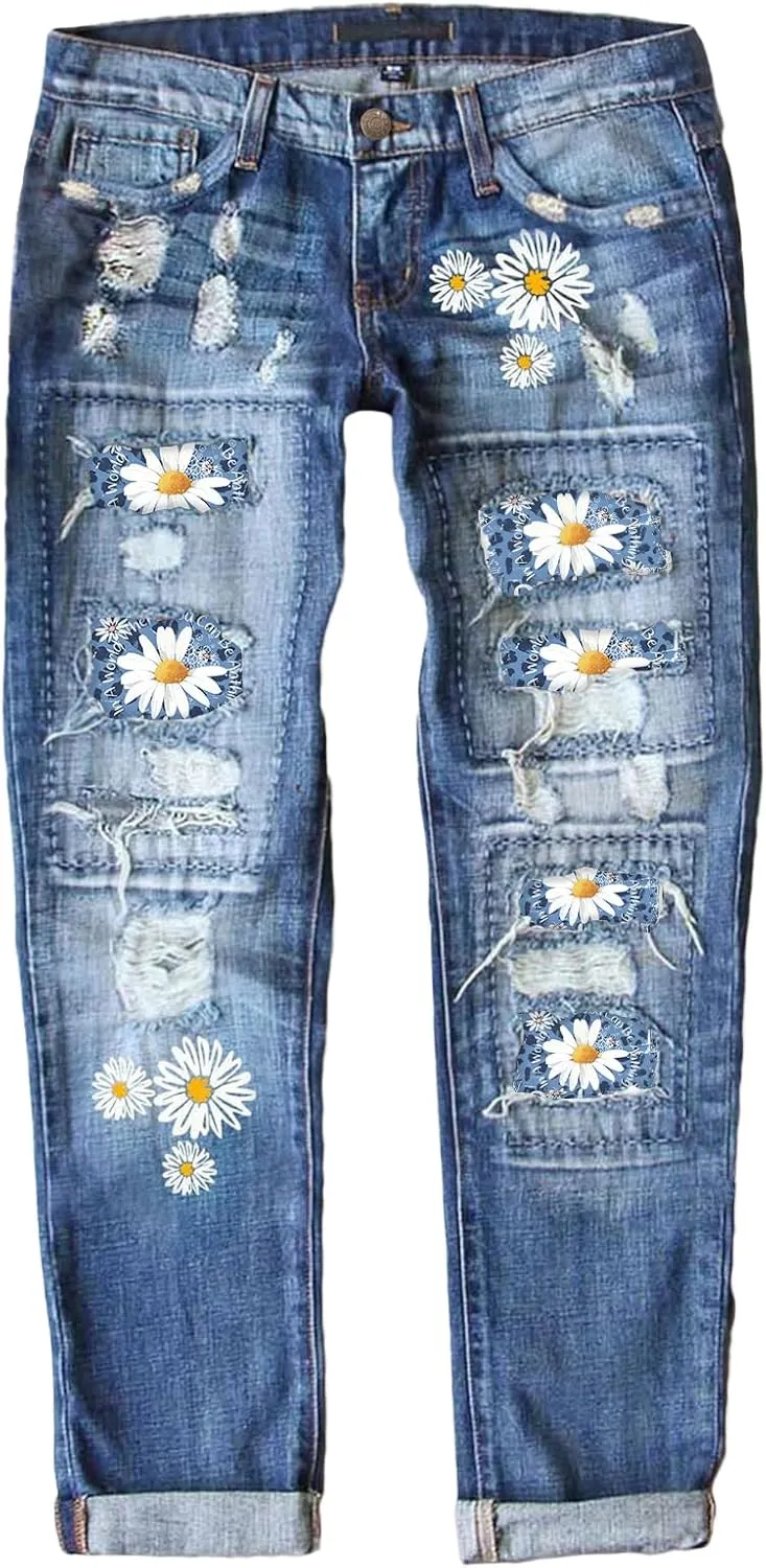 EVALESS Ripped Jeans for Women Plaid Patch Boyfriend Skinny Distressed Denim Jean Pants
