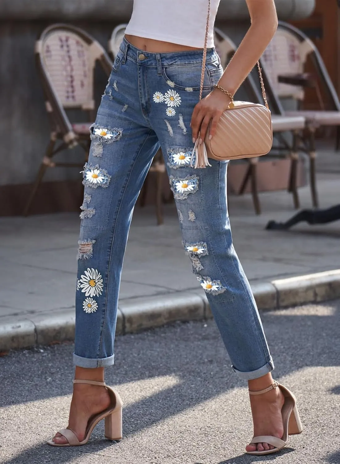 EVALESS Ripped Jeans for Women Plaid Patch Boyfriend Skinny Distressed Denim Jean Pants