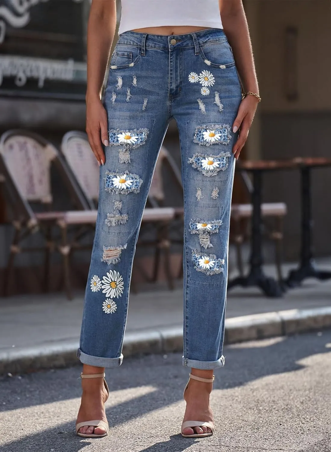 EVALESS Ripped Jeans for Women Plaid Patch Boyfriend Skinny Distressed Denim Jean Pants