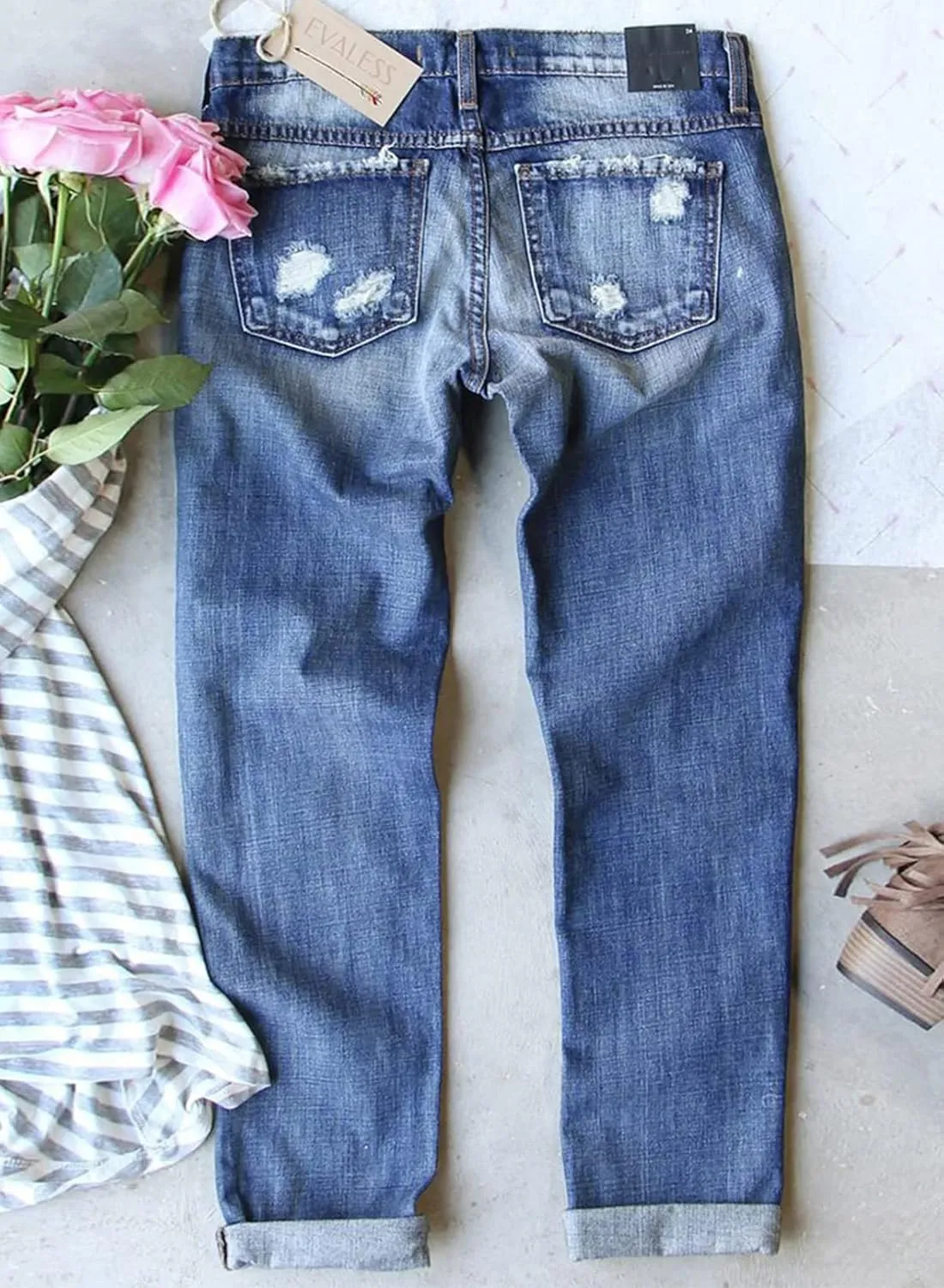EVALESS Ripped Jeans for Women Plaid Patch Boyfriend Skinny Distressed Denim Jean Pants