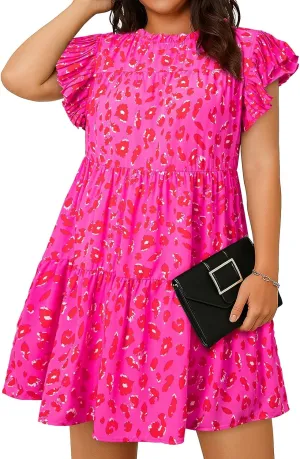 Eytino Womens Plus Size Dress Leopard Printed Crewneck Ruffle Sleeve Flowy Mini Dresses(1X-5X)