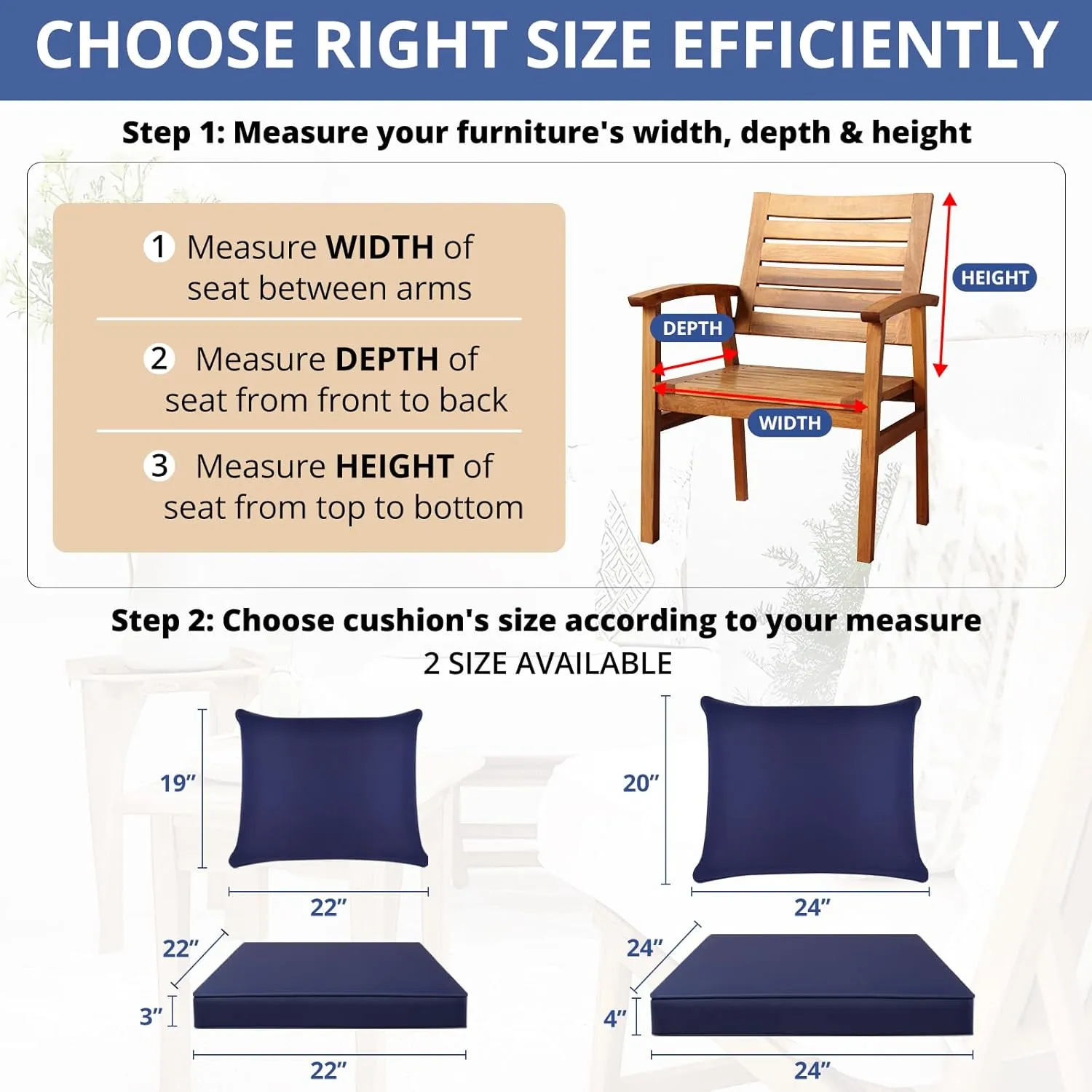 Fabuday Outdoor Chair Cushions Set - 22 x 22 Inch Waterproof & Fade Resistant Patio Furniture with Removable Cover Deep Seat & Back Pillow with Ties Replacement for Sunbrella Outside Sofa Couch Blue