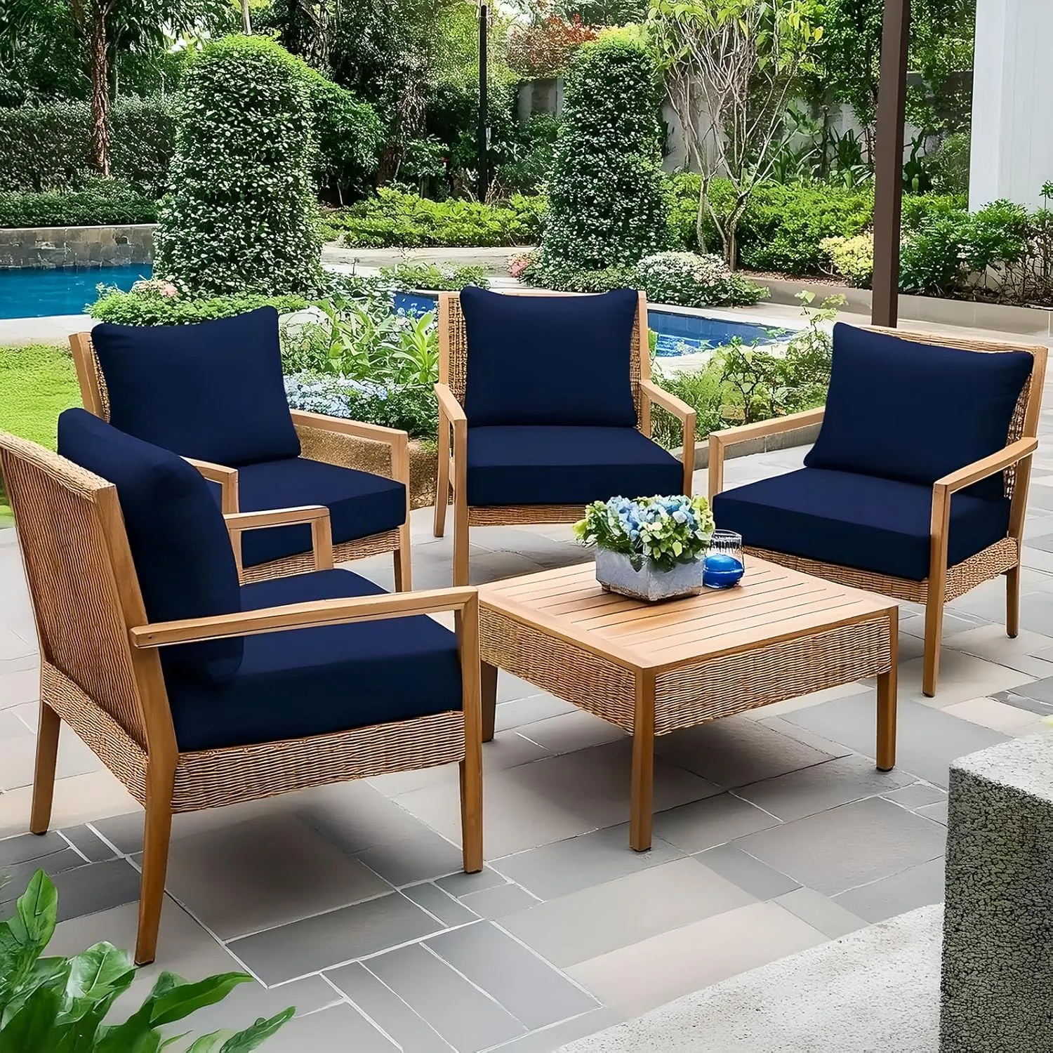 Fabuday Outdoor Chair Cushions Set - 24 x 24 Inch Waterproof & Fade Resistant Patio Furniture with Removable Cover Deep Seat & Back Pillow with Ties Replacement for Sunbrella Outside Sofa Couch Blue