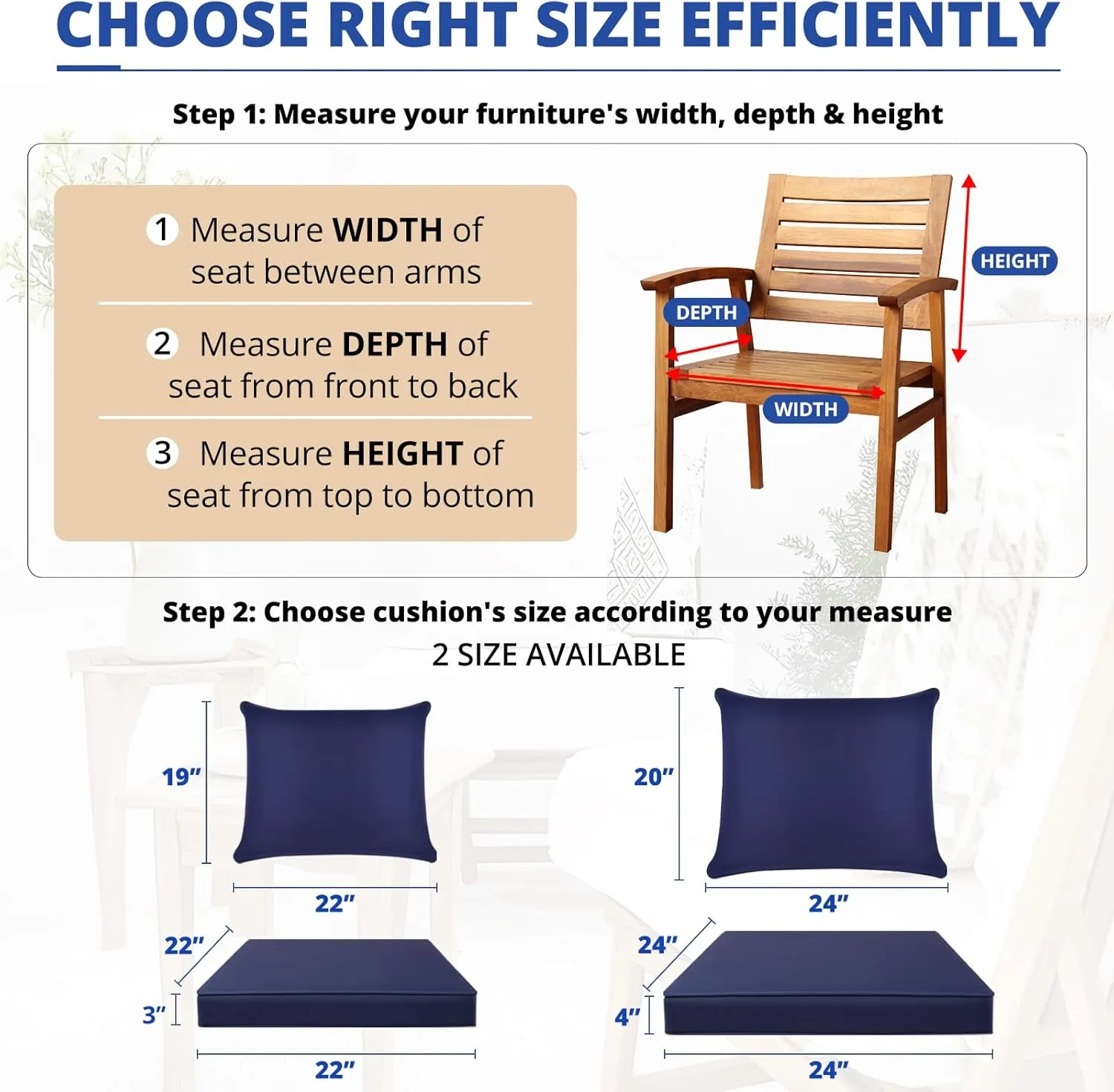 Fabuday Outdoor Chair Cushions Set - 24 x 24 Inch Waterproof & Fade Resistant Patio Furniture with Removable Cover Deep Seat & Back Pillow with Ties Replacement for Sunbrella Outside Sofa Couch Blue