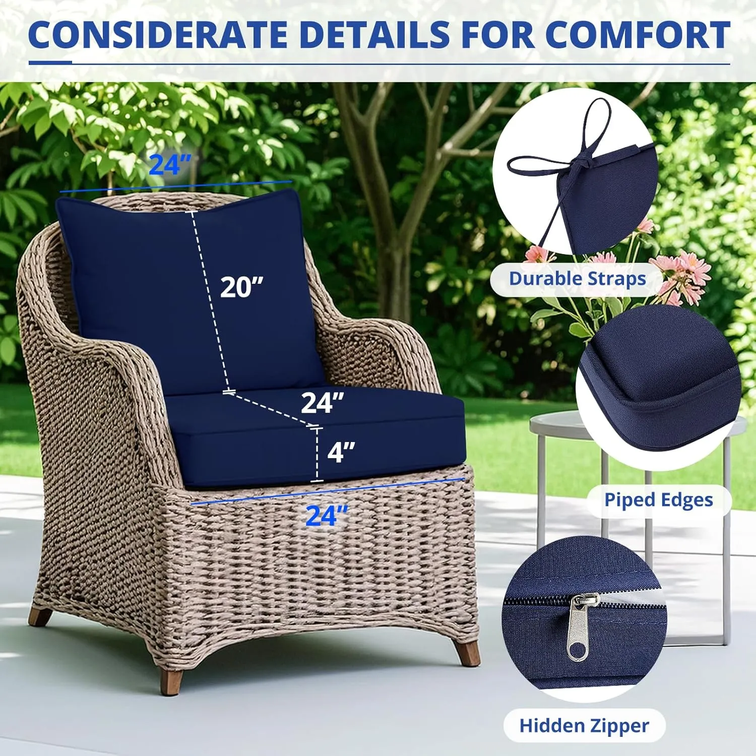 Fabuday Outdoor Chair Cushions Set - 24 x 24 Inch Waterproof & Fade Resistant Patio Furniture with Removable Cover Deep Seat & Back Pillow with Ties Replacement for Sunbrella Outside Sofa Couch Blue