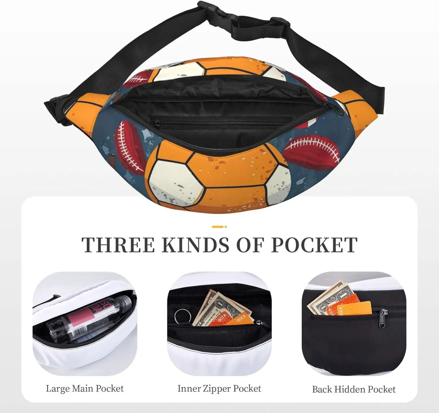 Fanny Packs For Women Men Waist Bag Waterproof Sport Belt Bag Sports Ball Design Fashion Waist Pack Adjustable Crossbody Bags Zipper Bum Bag For Running Hiking Travel