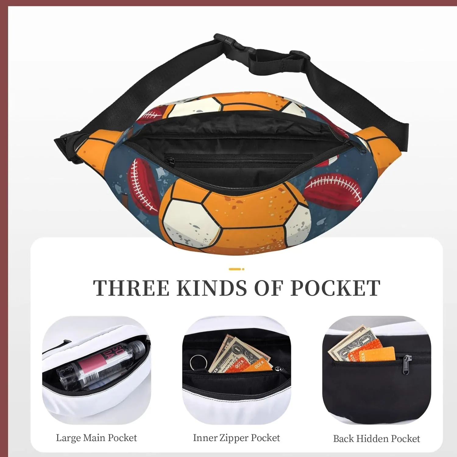 Fanny Packs For Women Men Waist Bag Waterproof Sport Belt Bag Sports Ball Design Fashion Waist Pack Adjustable Crossbody Bags Zipper Bum Bag For Running Hiking Travel