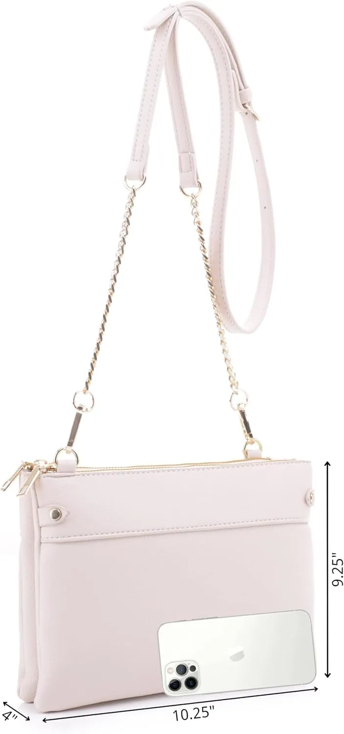 Faux Leather Crossbody Bag with Multiple Compartments, Detachable Chain Strap