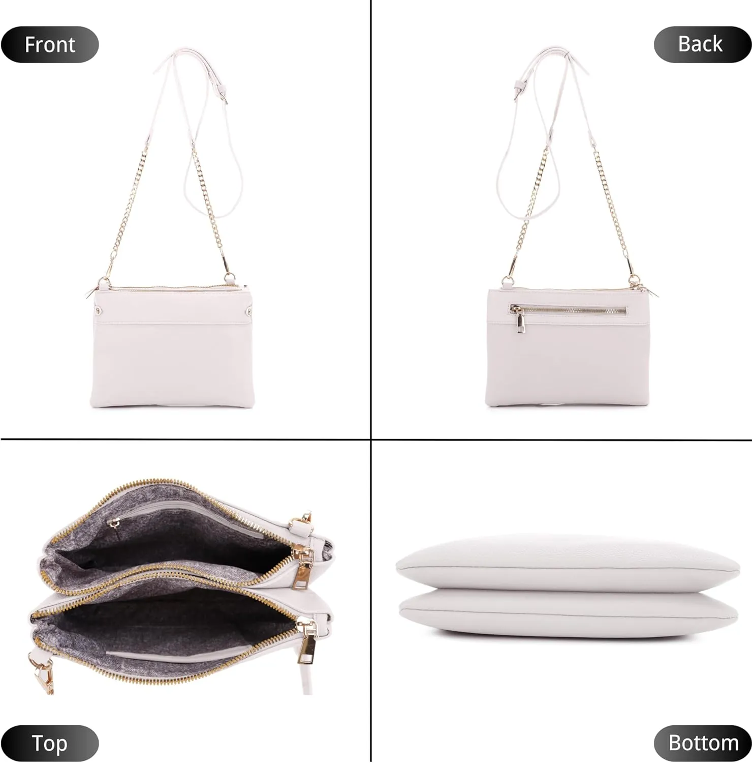 Faux Leather Crossbody Bag with Multiple Compartments, Detachable Chain Strap
