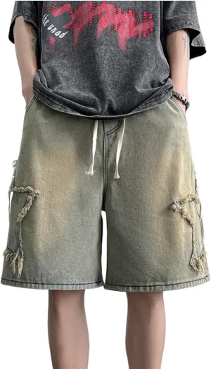 FCOOLYEET Men's Baggy Jeans Shorts Y2k Star Patchwork Denim Shorts Wide Leg Loose Hip-hop Jorts Y2k