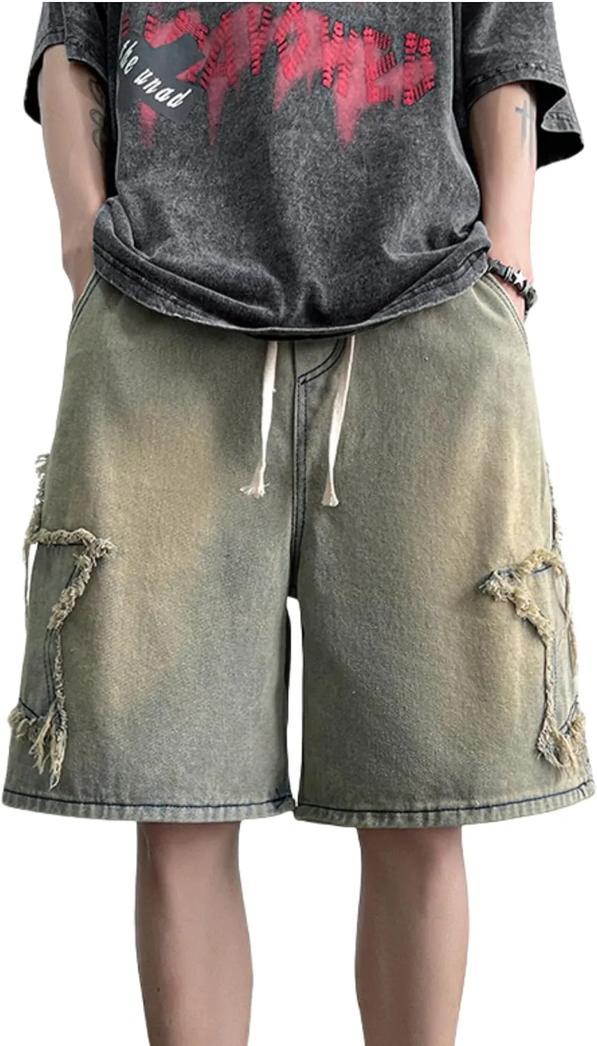 FCOOLYEET Men's Baggy Jeans Shorts Y2k Star Patchwork Denim Shorts Wide Leg Loose Hip-hop Jorts Y2k