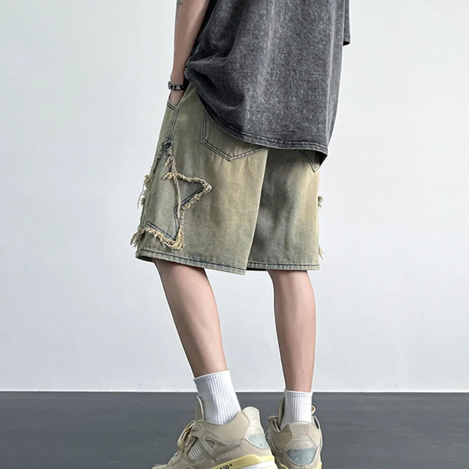 FCOOLYEET Men's Baggy Jeans Shorts Y2k Star Patchwork Denim Shorts Wide Leg Loose Hip-hop Jorts Y2k