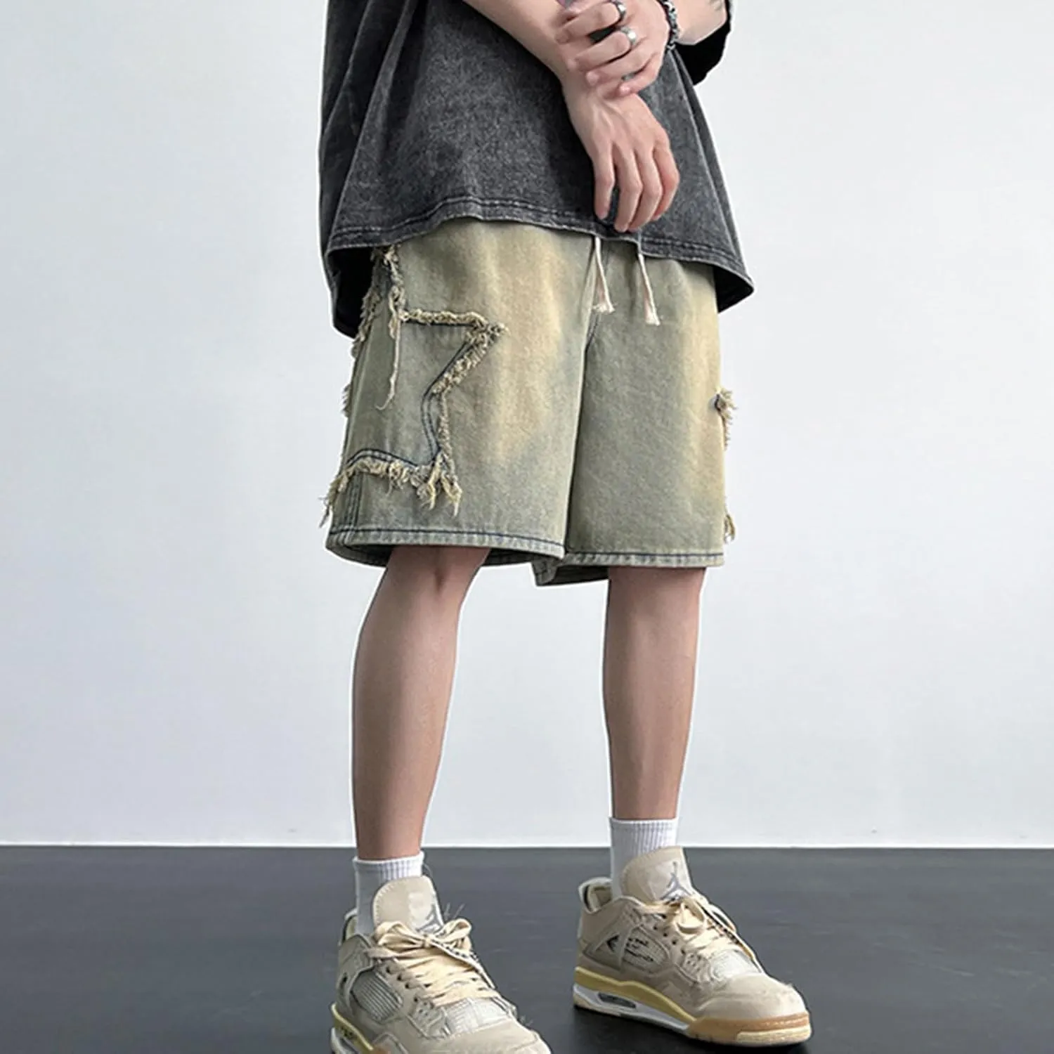 FCOOLYEET Men's Baggy Jeans Shorts Y2k Star Patchwork Denim Shorts Wide Leg Loose Hip-hop Jorts Y2k