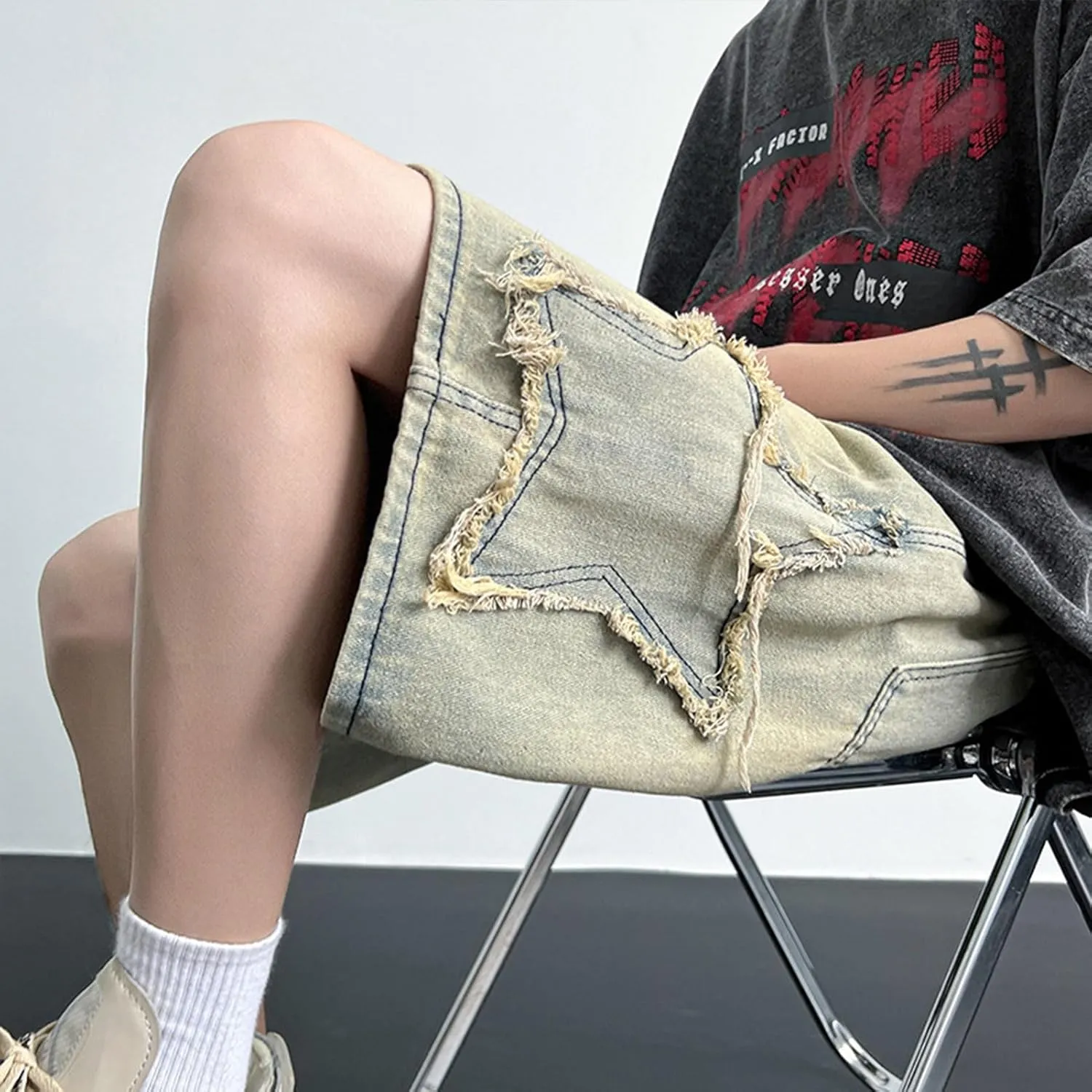 FCOOLYEET Men's Baggy Jeans Shorts Y2k Star Patchwork Denim Shorts Wide Leg Loose Hip-hop Jorts Y2k