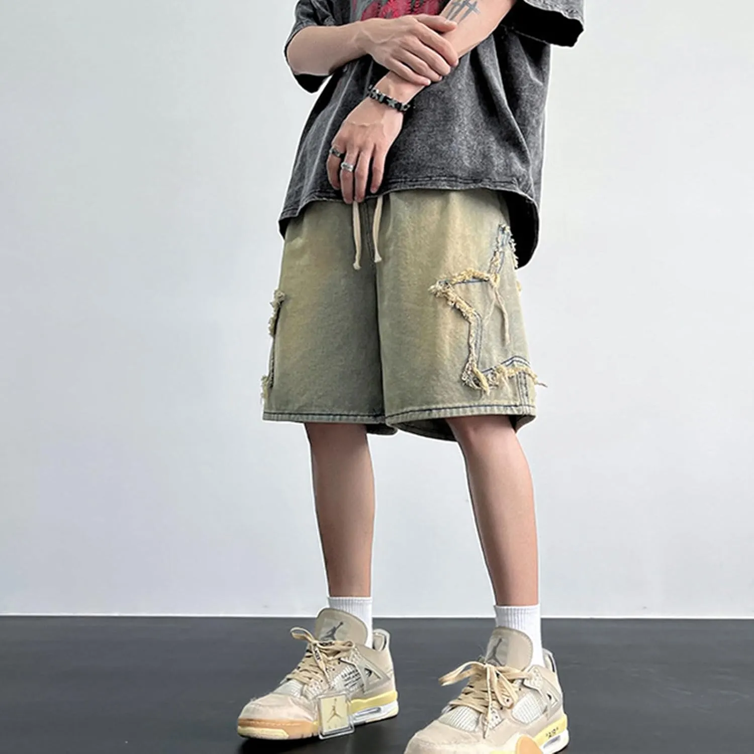 FCOOLYEET Men's Baggy Jeans Shorts Y2k Star Patchwork Denim Shorts Wide Leg Loose Hip-hop Jorts Y2k