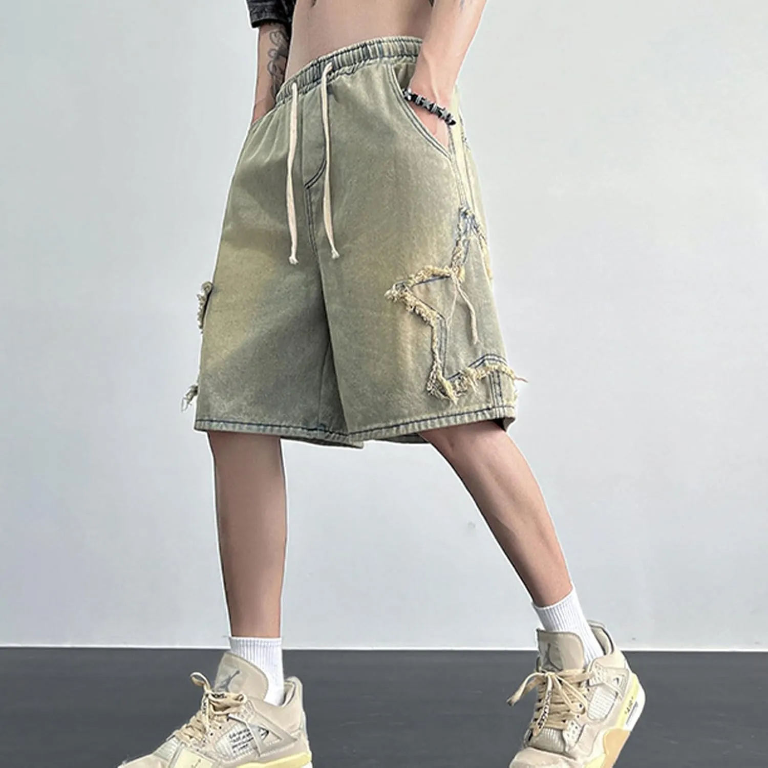 FCOOLYEET Men's Baggy Jeans Shorts Y2k Star Patchwork Denim Shorts Wide Leg Loose Hip-hop Jorts Y2k
