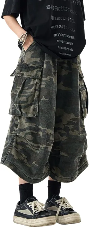 FCOOLYEET Mens Camo Jeans Shorts Y2k Baggy Long Jorts Camouflage Denim Cargo Shorts for Men