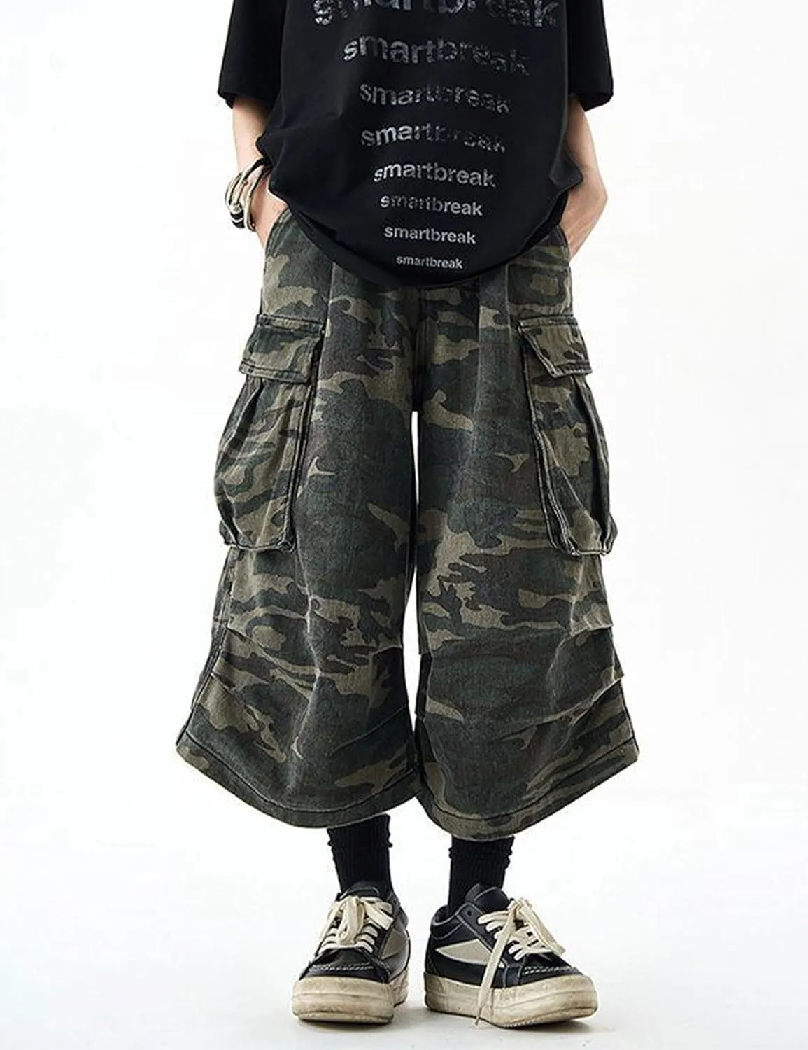 FCOOLYEET Mens Camo Jeans Shorts Y2k Baggy Long Jorts Camouflage Denim Cargo Shorts for Men