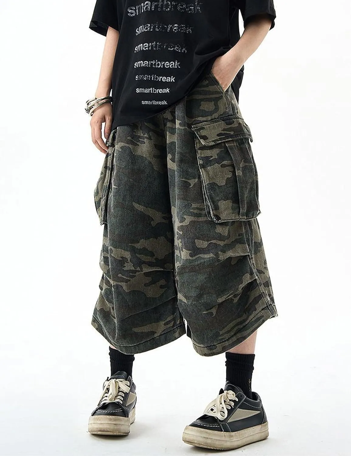 FCOOLYEET Mens Camo Jeans Shorts Y2k Baggy Long Jorts Camouflage Denim Cargo Shorts for Men
