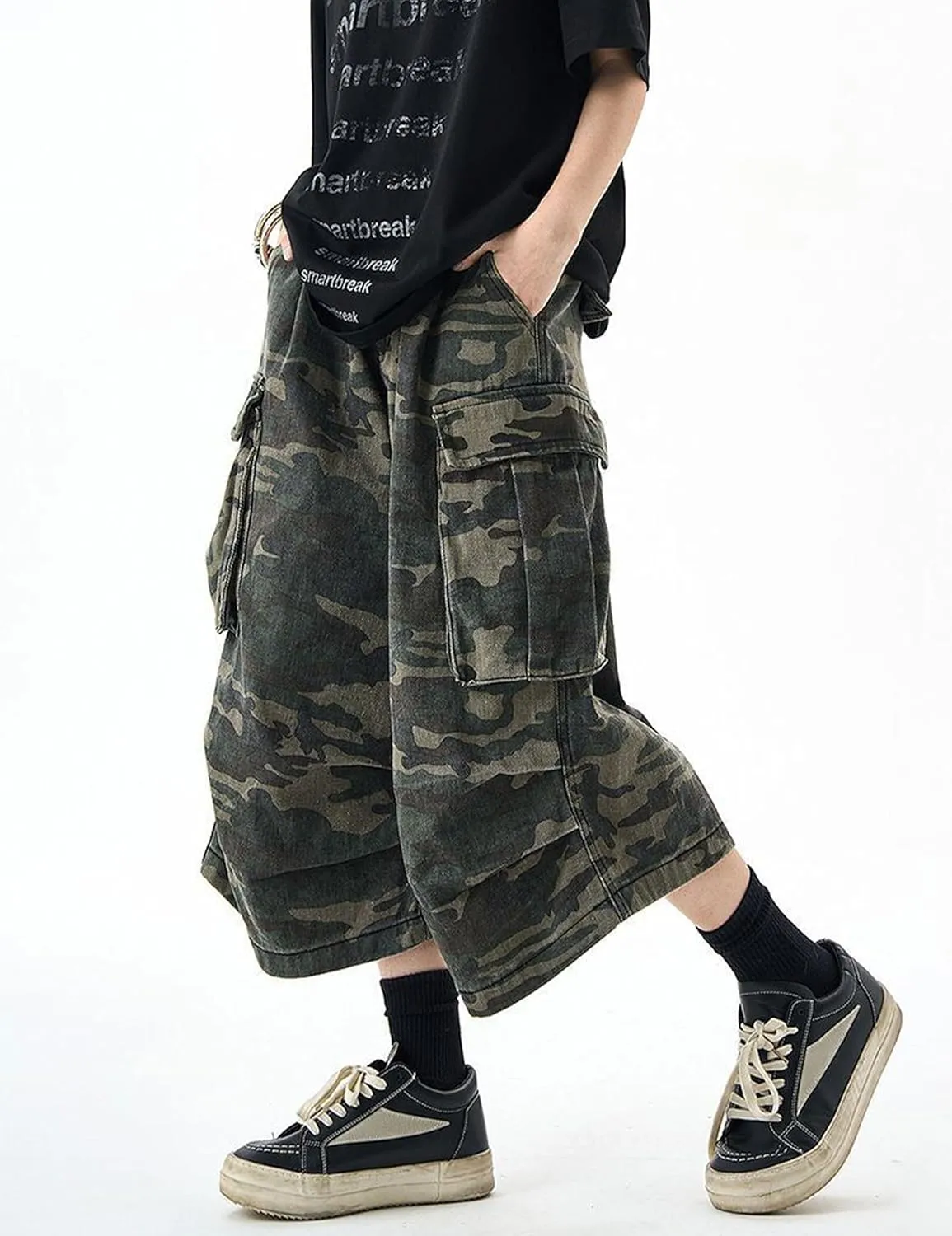 FCOOLYEET Mens Camo Jeans Shorts Y2k Baggy Long Jorts Camouflage Denim Cargo Shorts for Men