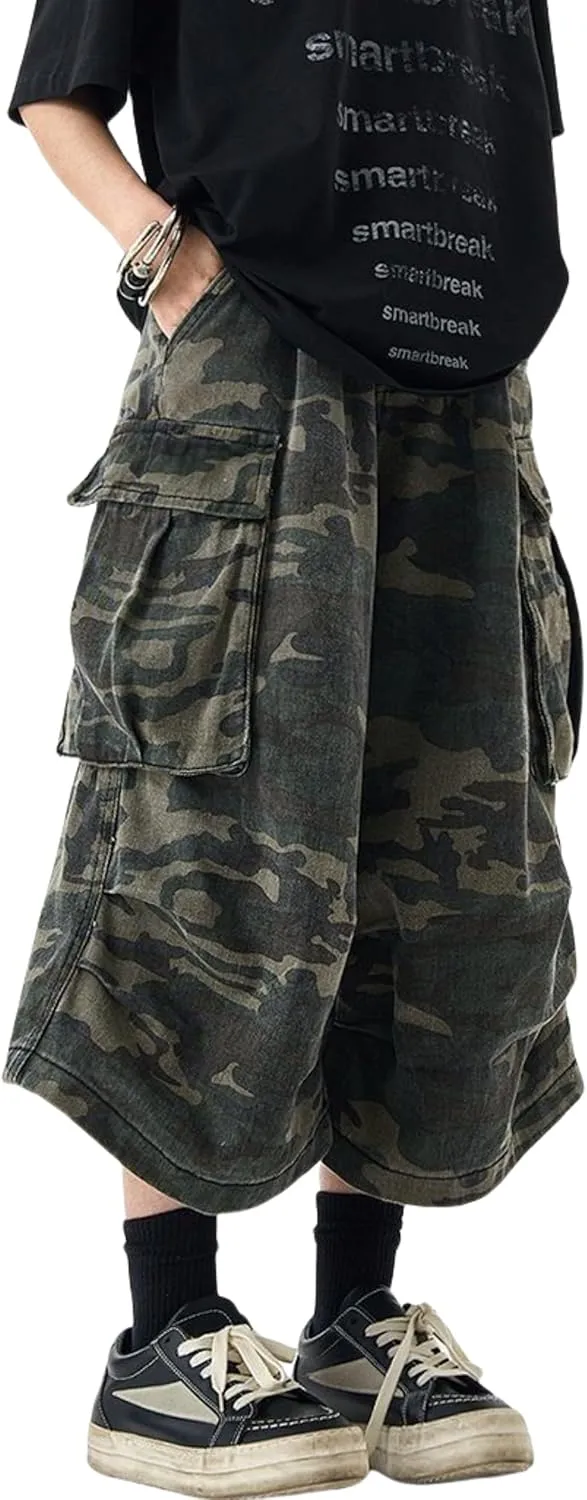 FCOOLYEET Mens Camo Jeans Shorts Y2k Baggy Long Jorts Camouflage Denim Cargo Shorts for Men