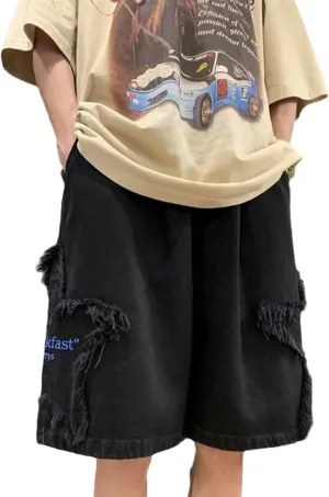 FCOOLYEET Men's Y2k Baggy Jorts Grunge Denim Shorts Hip Hop Star Shorts Jorts Patchwork Jeans Shorts Streetwear