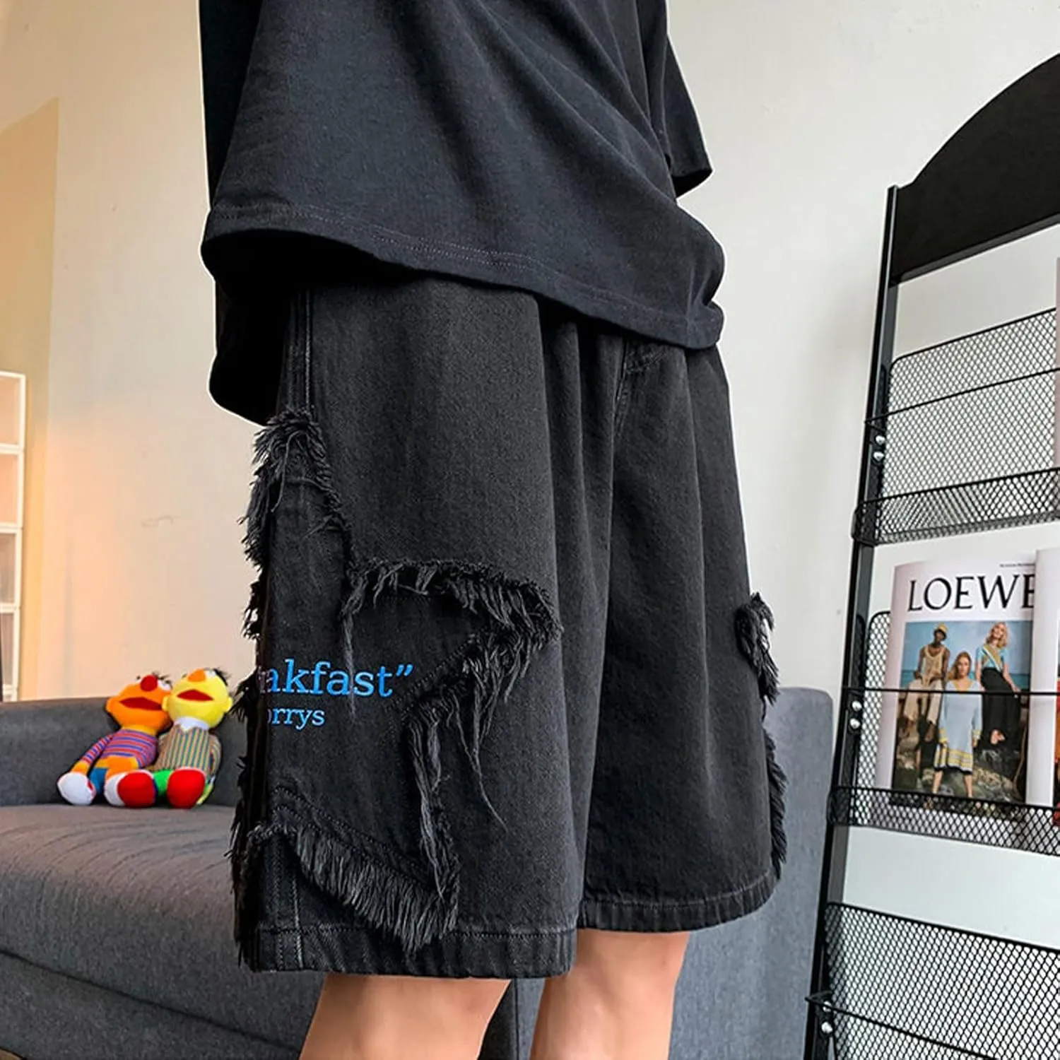 FCOOLYEET Men's Y2k Baggy Jorts Grunge Denim Shorts Hip Hop Star Shorts Jorts Patchwork Jeans Shorts Streetwear