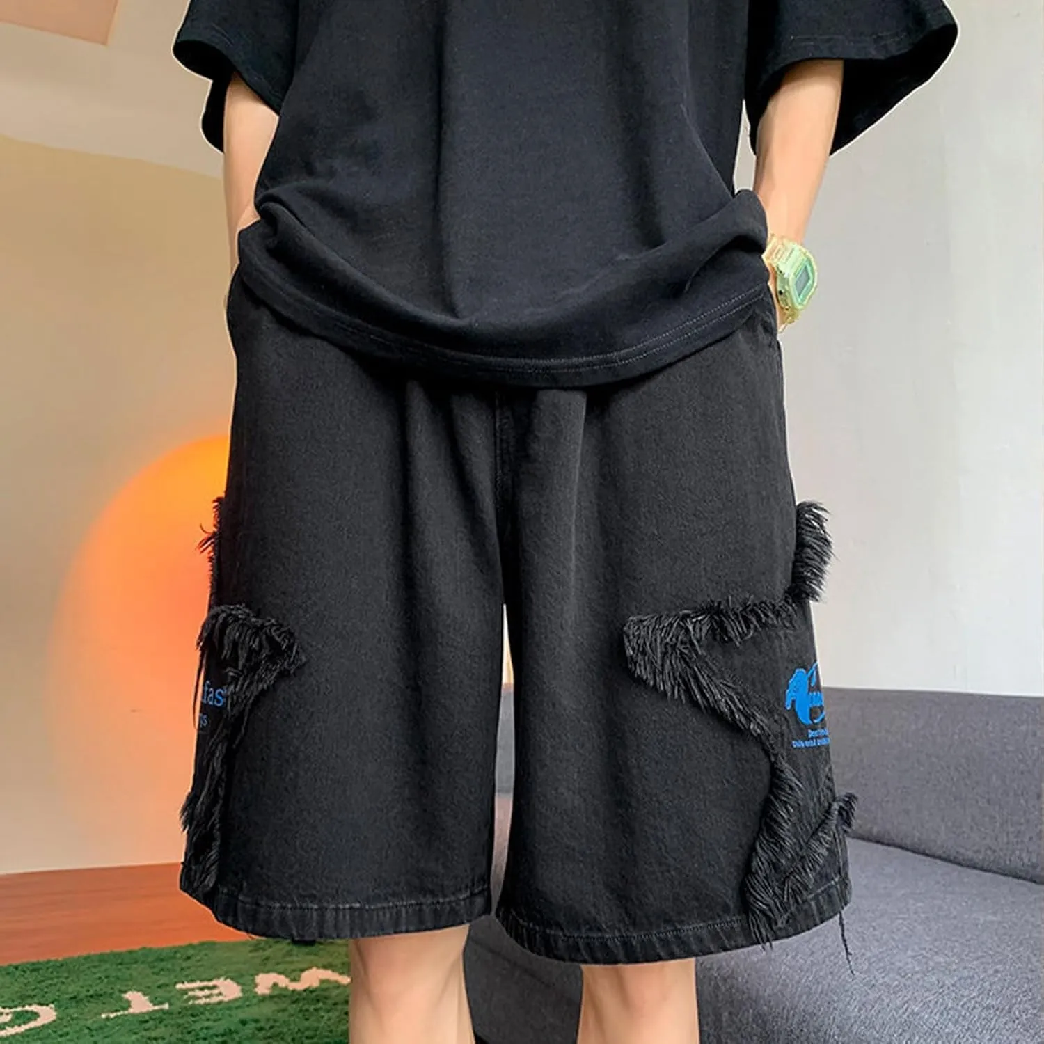 FCOOLYEET Men's Y2k Baggy Jorts Grunge Denim Shorts Hip Hop Star Shorts Jorts Patchwork Jeans Shorts Streetwear