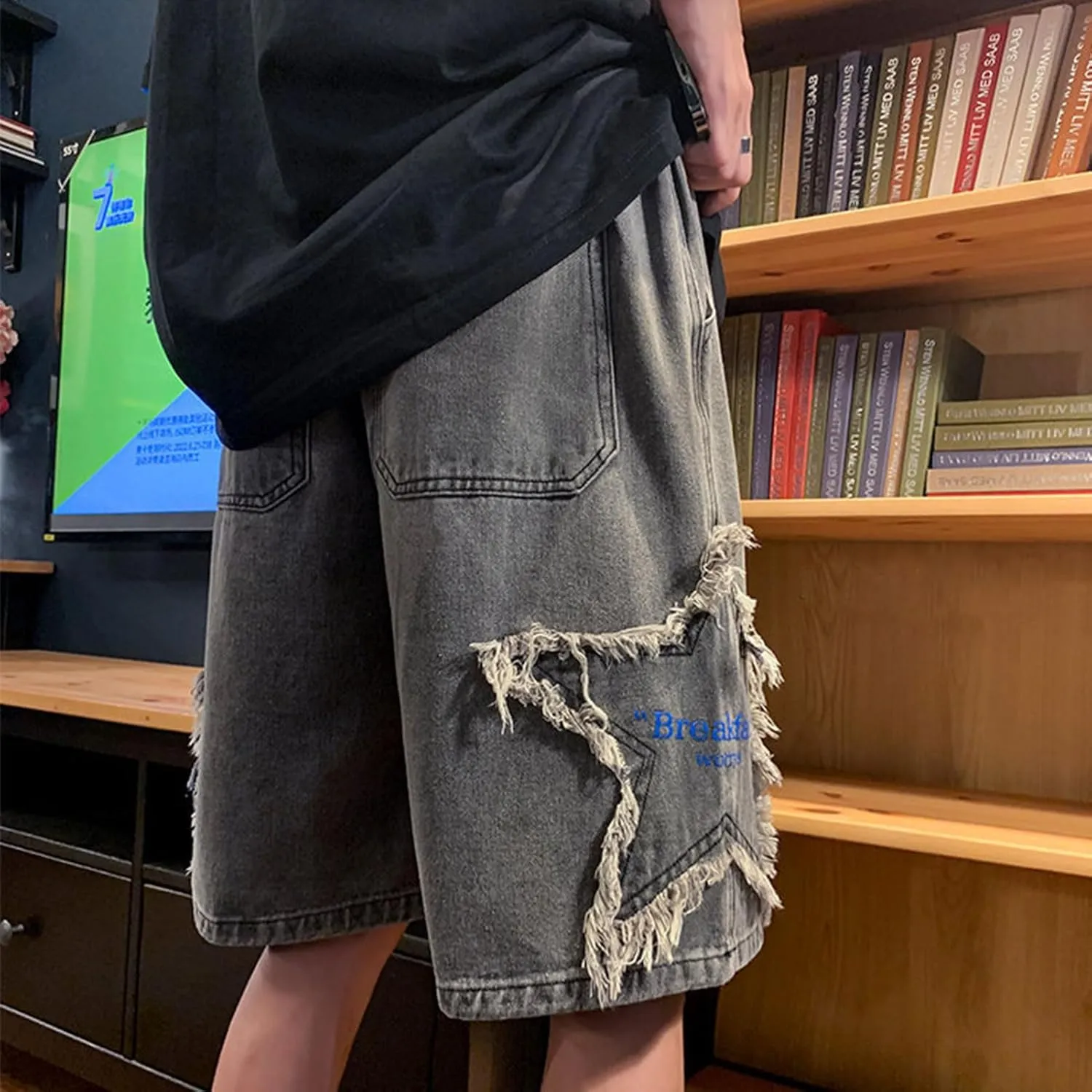 FCOOLYEET Men's Y2k Baggy Jorts Grunge Denim Shorts Hip Hop Star Shorts Jorts Patchwork Jeans Shorts Streetwear