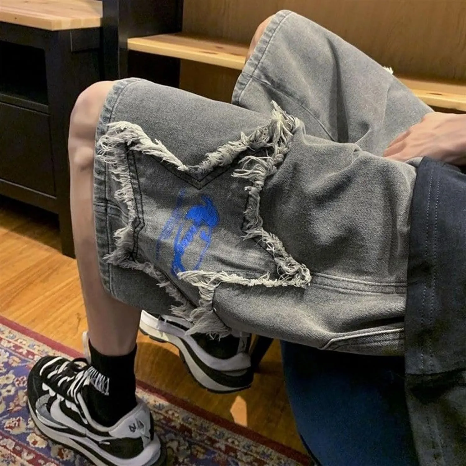 FCOOLYEET Men's Y2k Baggy Jorts Grunge Denim Shorts Hip Hop Star Shorts Jorts Patchwork Jeans Shorts Streetwear