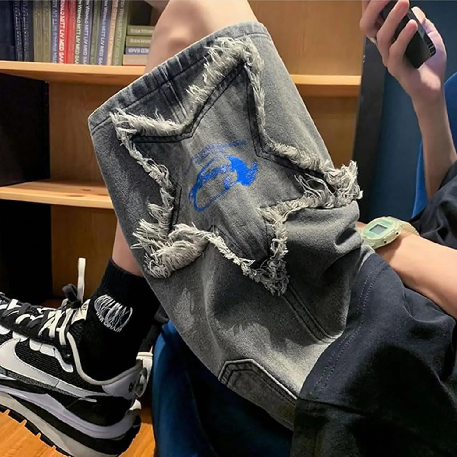 FCOOLYEET Men's Y2k Baggy Jorts Grunge Denim Shorts Hip Hop Star Shorts Jorts Patchwork Jeans Shorts Streetwear