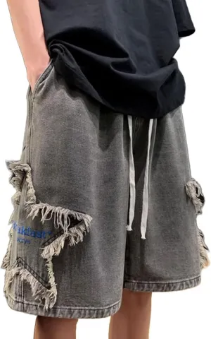 FCOOLYEET Men's Y2k Baggy Jorts Grunge Denim Shorts Hip Hop Star Shorts Jorts Patchwork Jeans Shorts Streetwear