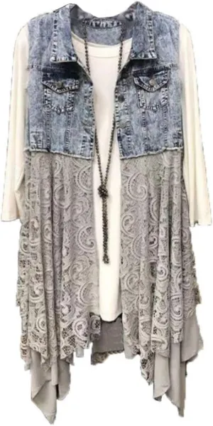 FindThy Women’s Denim Vest Sleeveless Ripped Draped Patchwork Cardigan Jean Vest with Irregular Lace Extender Hem
