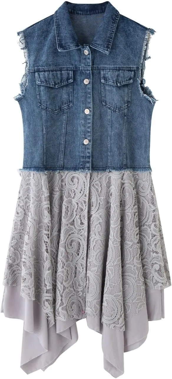 FindThy Women’s Denim Vest Sleeveless Ripped Draped Patchwork Cardigan Jean Vest with Irregular Lace Extender Hem