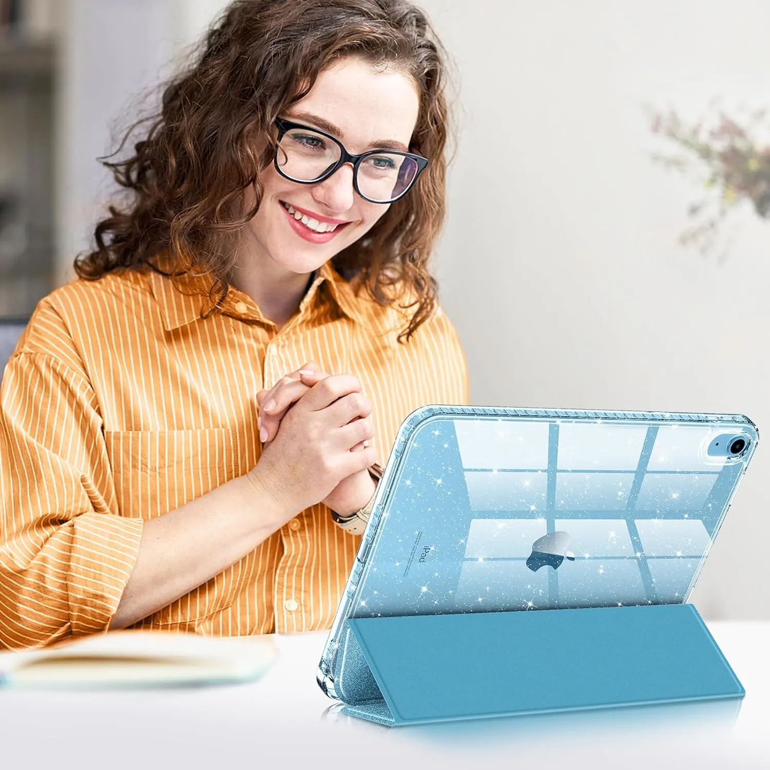 Fintie Slim Case for iPad (A16) 11th Generation 11 Inch (2025), iPad 10th Generation 10.9 Inch (2022) - Glittering Sparkly Shockproof Cover with Shiny Clear Back Shell & Pencil Holder, Blue