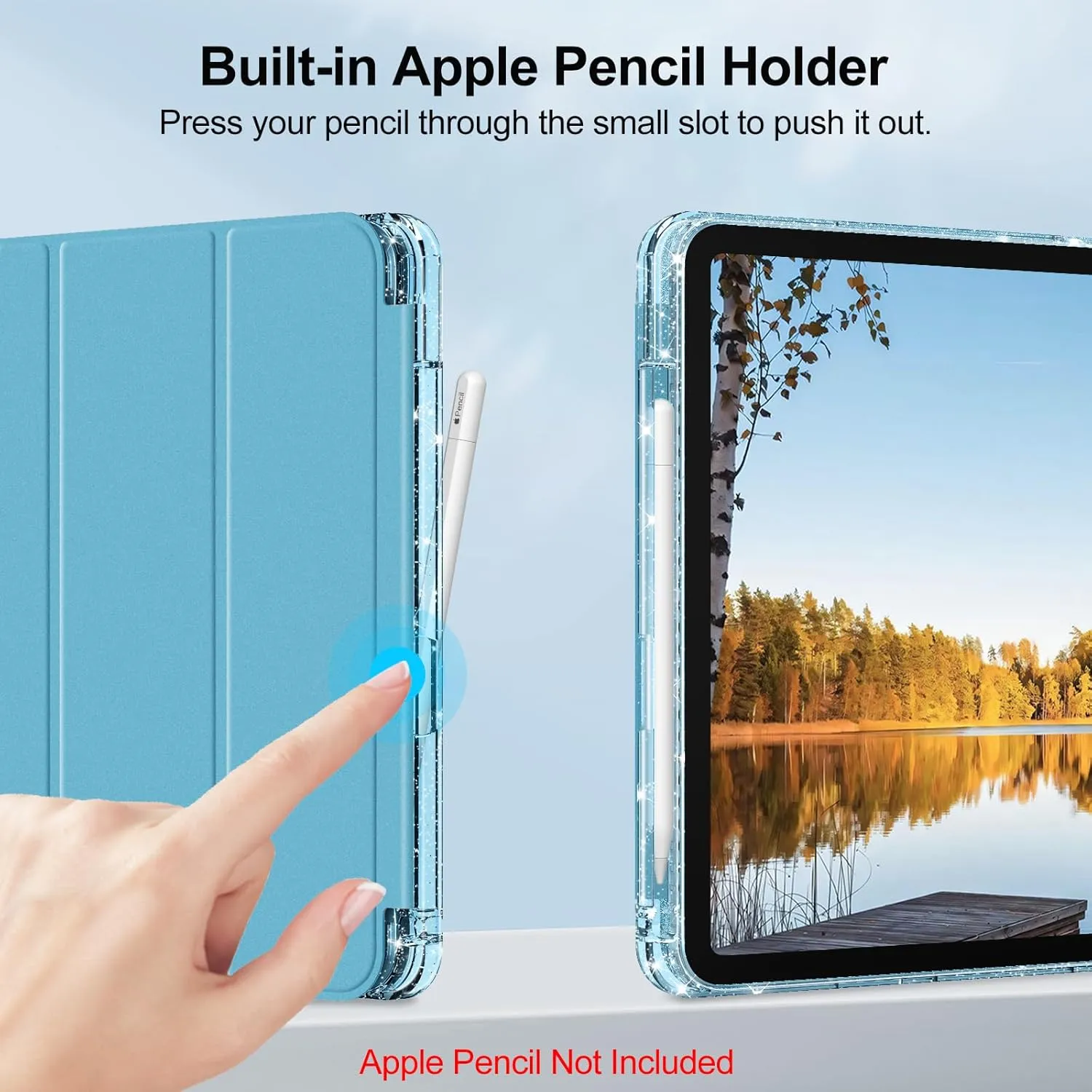 Fintie Slim Case for iPad (A16) 11th Generation 11 Inch (2025), iPad 10th Generation 10.9 Inch (2022) - Glittering Sparkly Shockproof Cover with Shiny Clear Back Shell & Pencil Holder, Blue