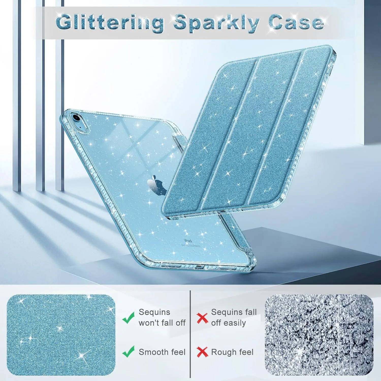 Fintie Slim Case for iPad (A16) 11th Generation 11 Inch (2025), iPad 10th Generation 10.9 Inch (2022) - Glittering Sparkly Shockproof Cover with Shiny Clear Back Shell & Pencil Holder, Blue