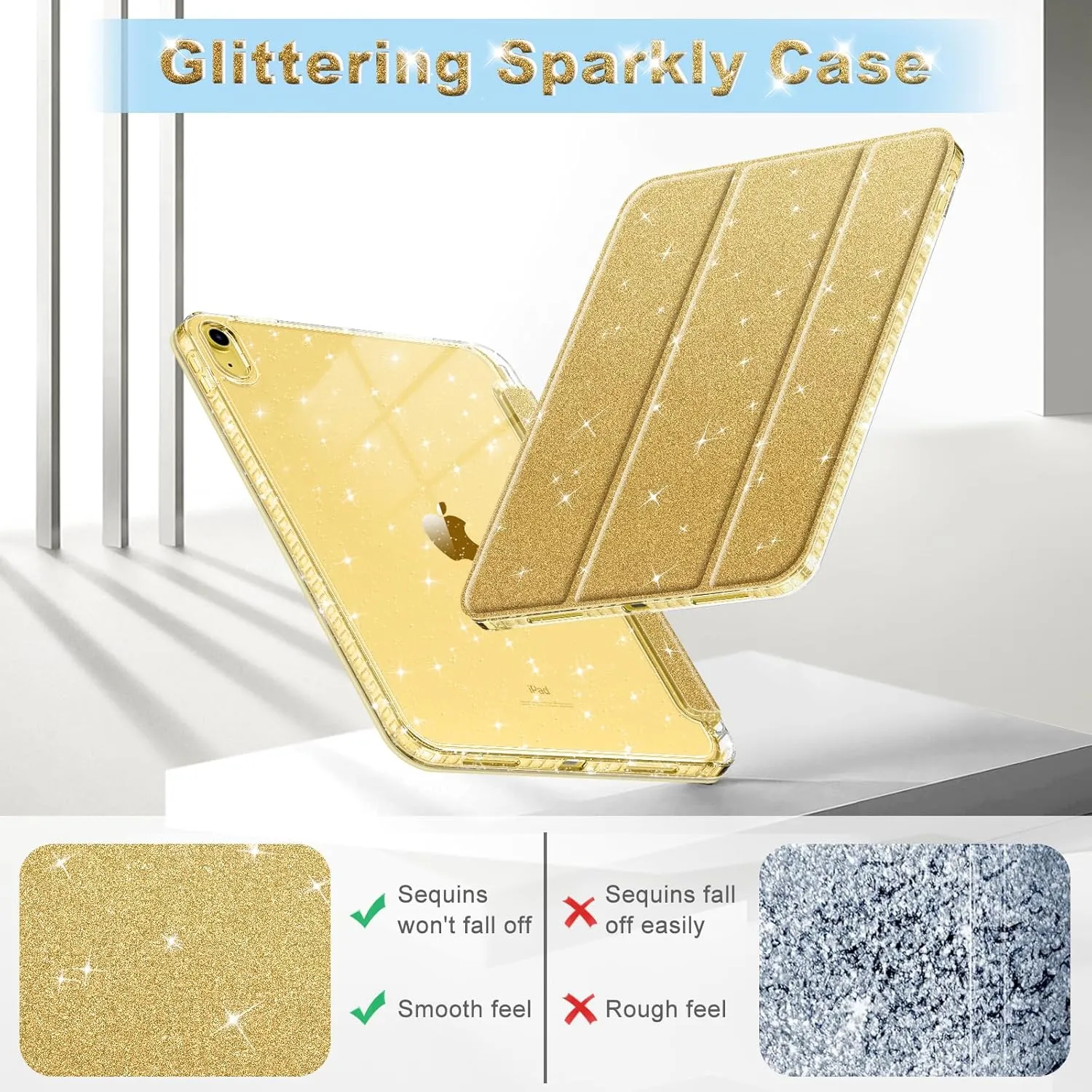 Fintie Slim Case for iPad (A16) 11th Generation 11 Inch (2025), iPad 10th Generation 10.9 Inch (2022) - Glittering Sparkly Shockproof Cover with Shiny Clear Back Shell & Pencil Holder, Gold