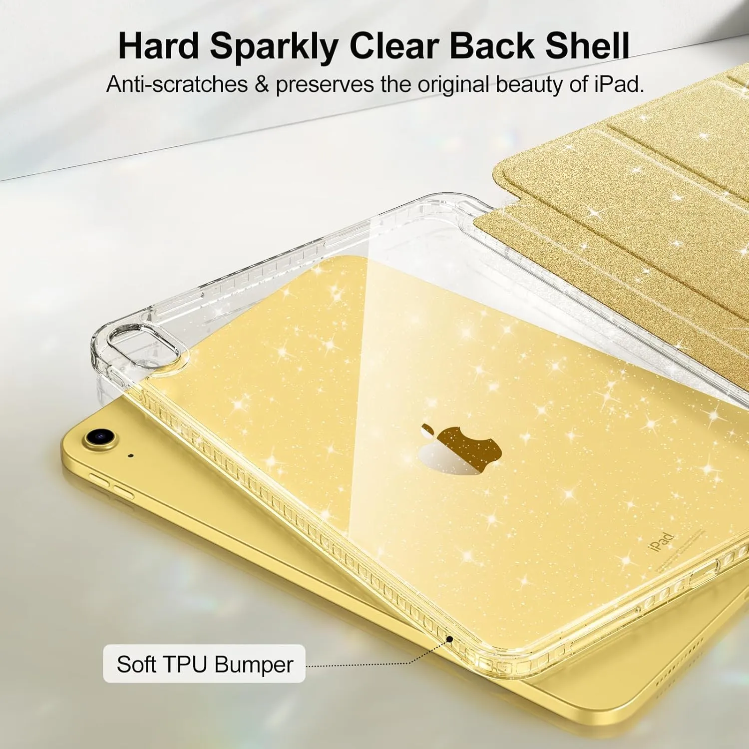 Fintie Slim Case for iPad (A16) 11th Generation 11 Inch (2025), iPad 10th Generation 10.9 Inch (2022) - Glittering Sparkly Shockproof Cover with Shiny Clear Back Shell & Pencil Holder, Gold