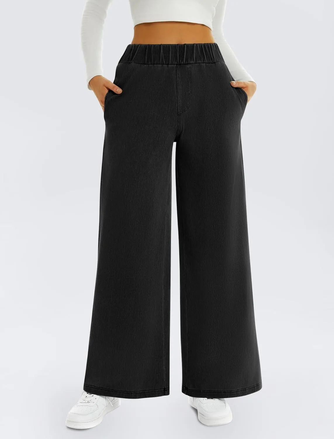 FireSwan Women's Wide Leg Jeans Stretchy Mid Rise Elastic Waist Jeans Baggy Loose Denim Pants with Pockets Trendy Casual