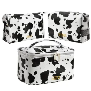 FITINI 3 Pack Makeup Bag Cows Travel Large Toiletry Bag Portable Cosmetic Organizer Pouch with Small Brush Storage Case Gold Zipper Waterproof for Women and Girls,White