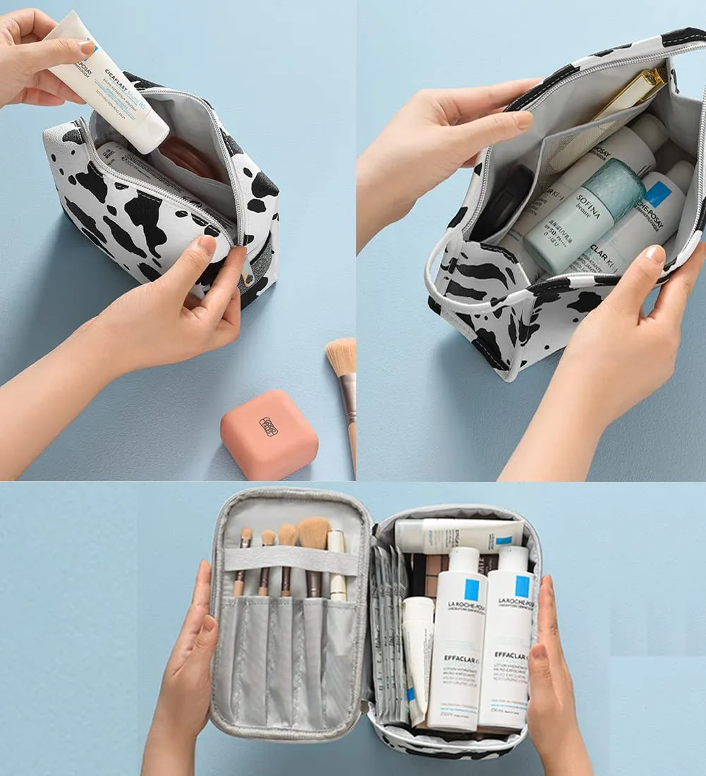 FITINI 3 Pack Makeup Bag Cows Travel Large Toiletry Bag Portable Cosmetic Organizer Pouch with Small Brush Storage Case Gold Zipper Waterproof for Women and Girls,White