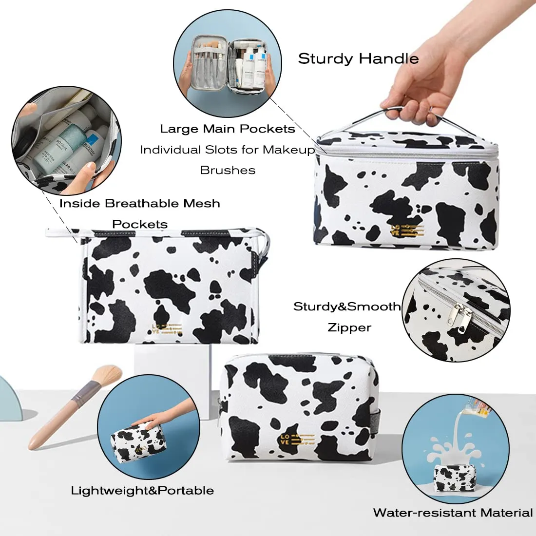 FITINI 3 Pack Makeup Bag Cows Travel Large Toiletry Bag Portable Cosmetic Organizer Pouch with Small Brush Storage Case Gold Zipper Waterproof for Women and Girls,White