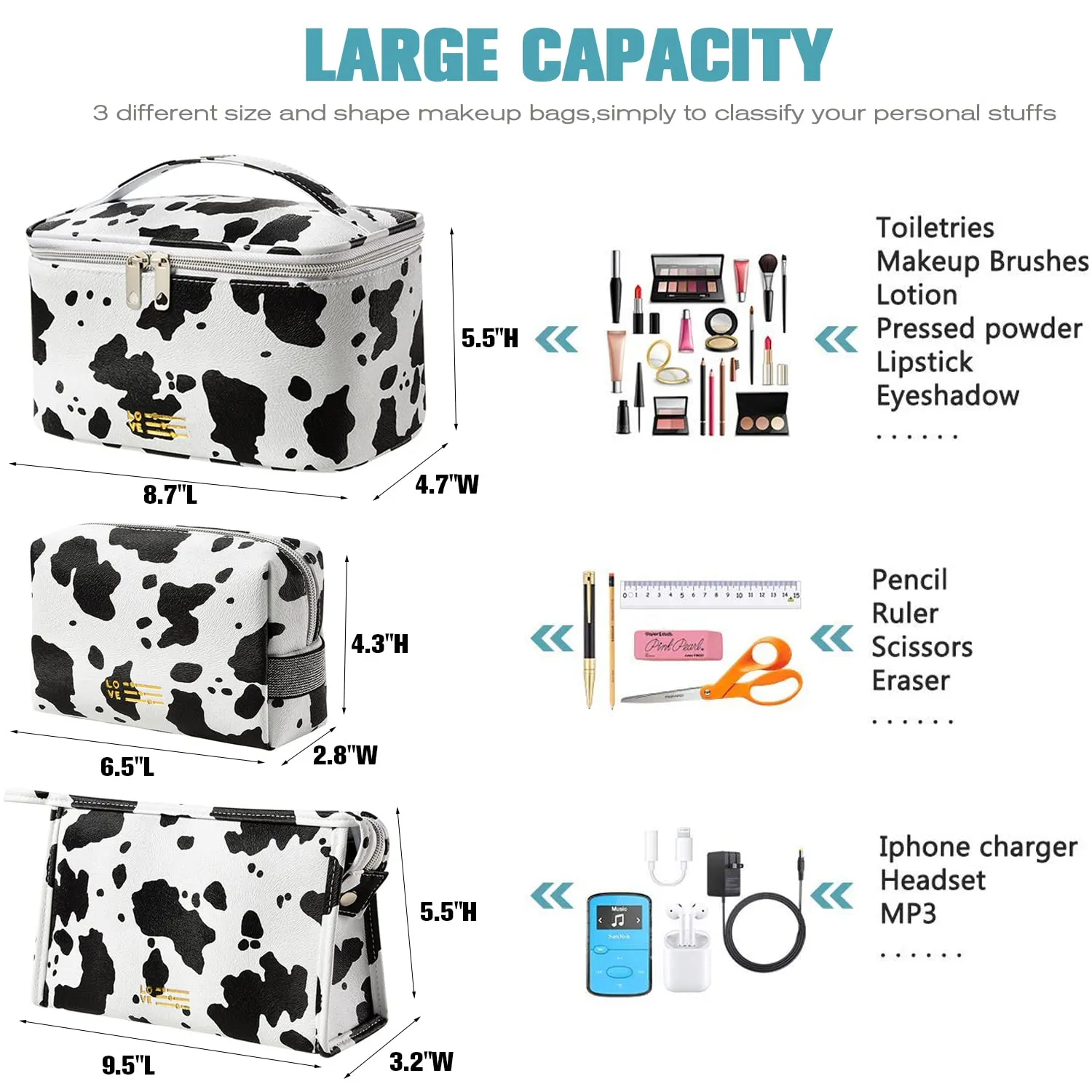 FITINI 3 Pack Makeup Bag Cows Travel Large Toiletry Bag Portable Cosmetic Organizer Pouch with Small Brush Storage Case Gold Zipper Waterproof for Women and Girls,White